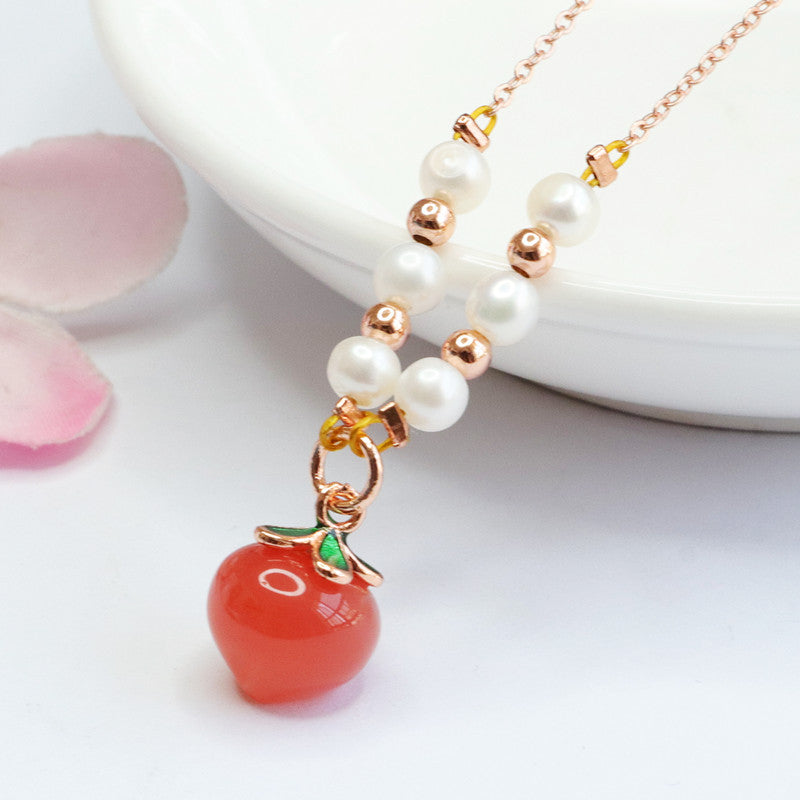 Sterling Silver Agate Peach Pendant Necklace with Pearl Beads