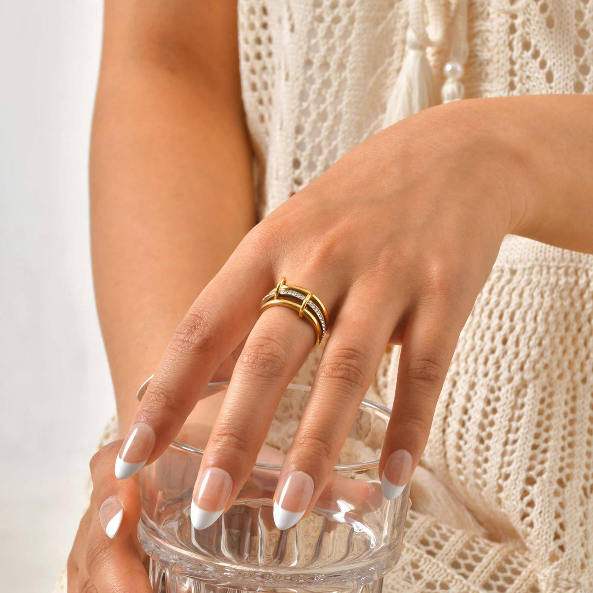 Two-Color Multi-Ring Zircon Stainless Steel Ring Stacked With Titanium Steel Ring
