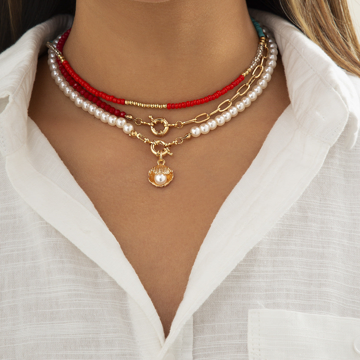 Planderful Vienna Verve Scallop Pendant Necklace For Women Bold Ethnic Style Rice Bead Imitation Pearl