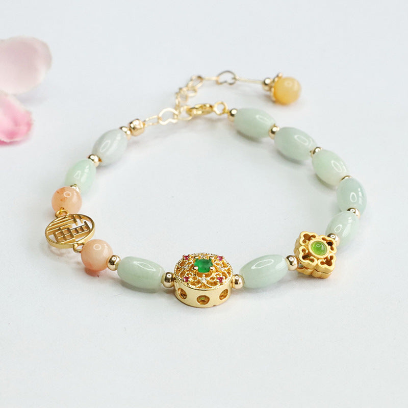 Jadeite Rice Bead & Fu Plaque Bracelet