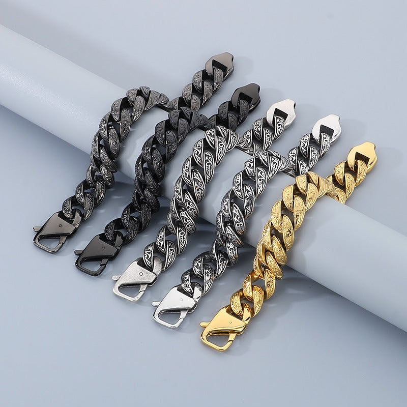 Personalized Tang Grass Pattern Stainless Steel Cuban Chain Bracelet for Men