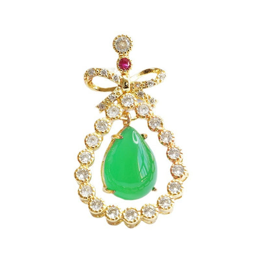 Green Chalcedony Necklace with Zircon Pendant and Sterling Silver Bow