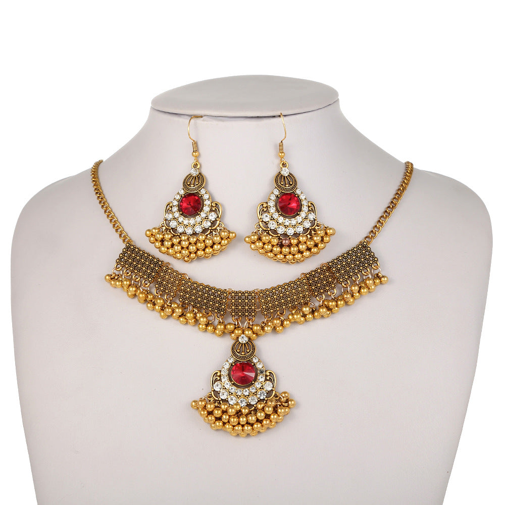 Tassel Gem Pearl Necklace and Earrings Set - Savanna Rhythms