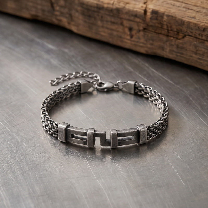 With Extension Chain Bracelet – Hip-Hop Back Pattern Labyrinth Curved Bar Mesh Chain