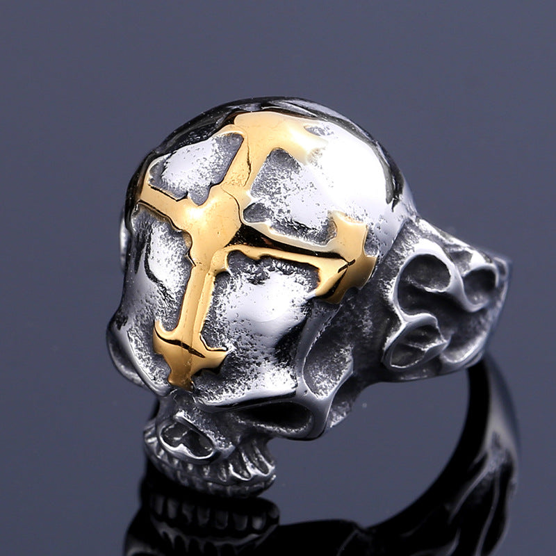 Titanium Steel Men's Skull and Zircon Cross Ring - European & American Trade Jewelry