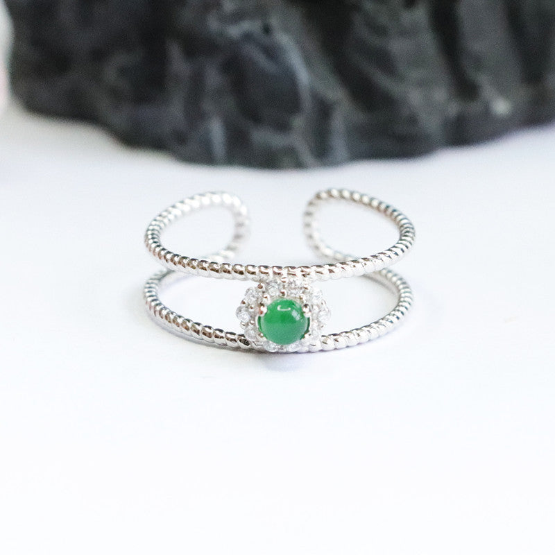 925 Sterling Silver Hollow Double Layer Ring with Natural Ice Emperor Green Jadeite