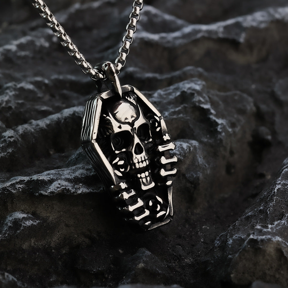 European And American Retro Stainless Steel Men's Pendant Personalized Punk Skull Coffin Necklace