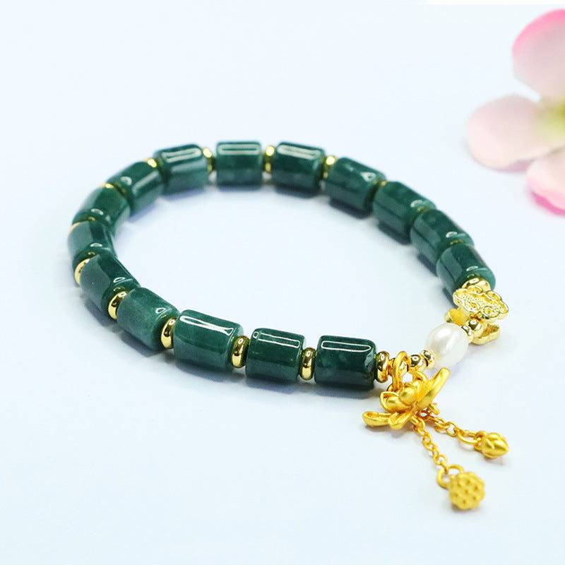 Blue Water Jadeite Ruyi & Barrel Bead Beaded Bracelet