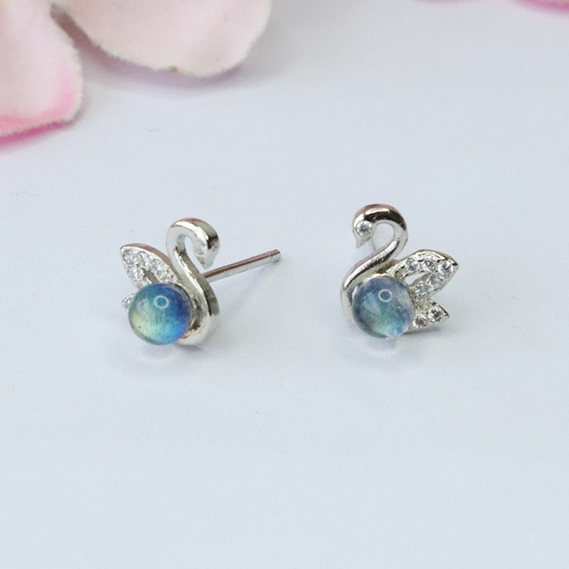 Gray Moonstone Swan 925 Silver Stud Earrings