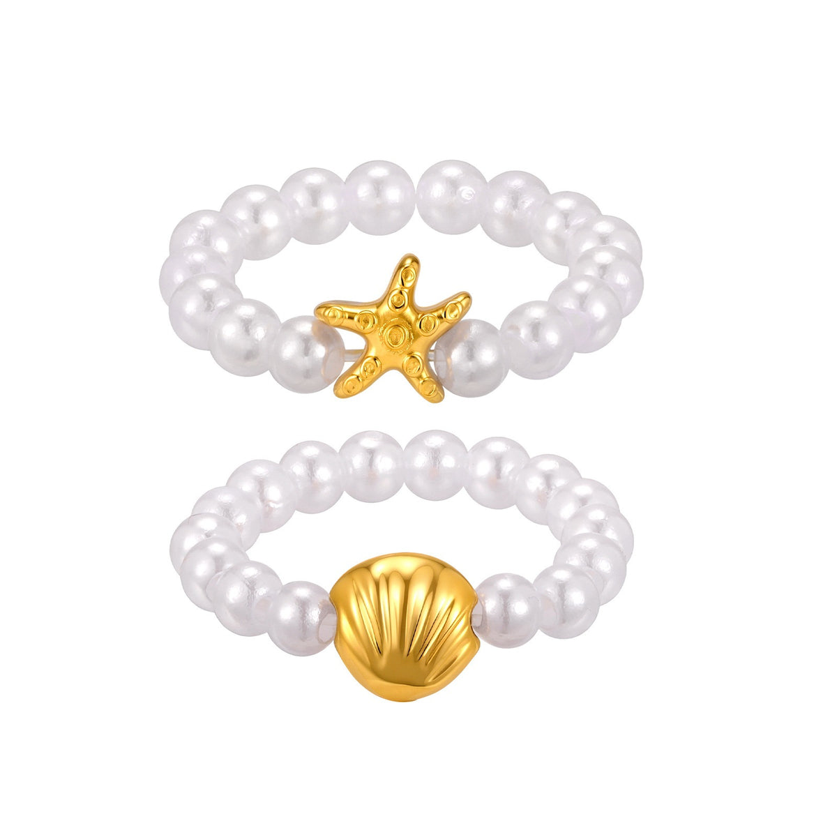 Stainless Steel Starfish Shell Imitation Pearl Summer Seaside Vacation Wind Ring