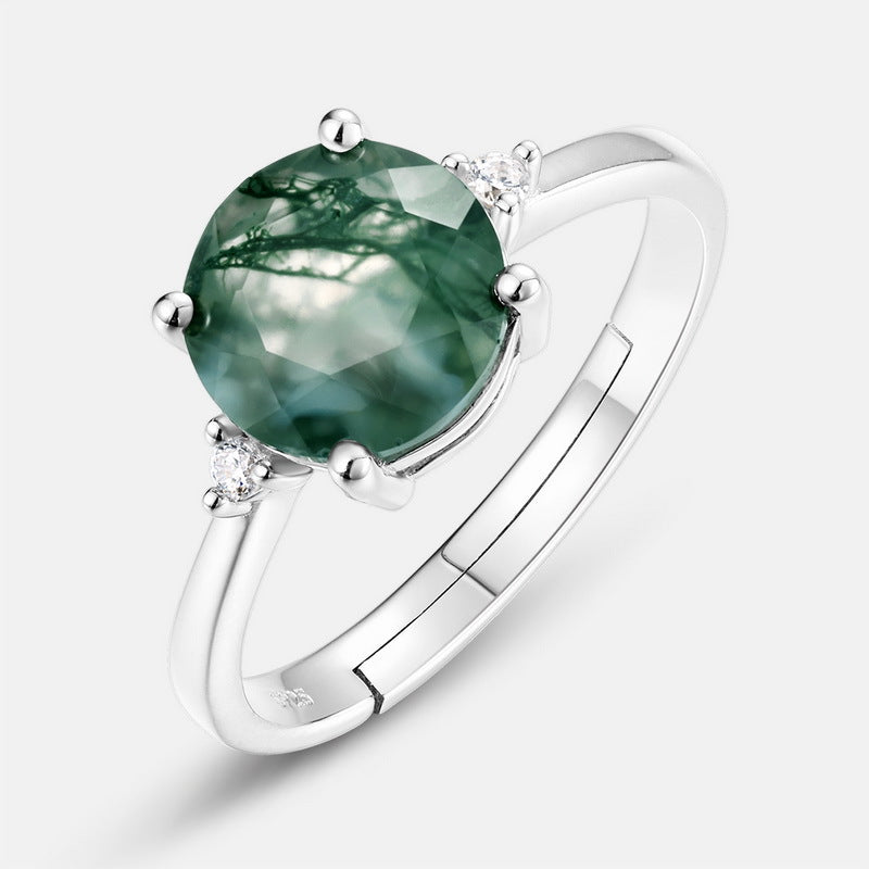 Planderful Jewelry Sterling Silver Agate Ring Green Moss Geometric Retro Design For Women