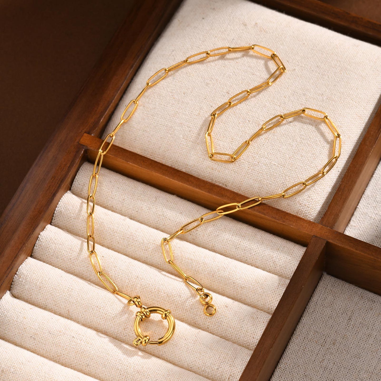 Stainless Steel Rectangle Chain Bubble Buckle Necklace Gold
