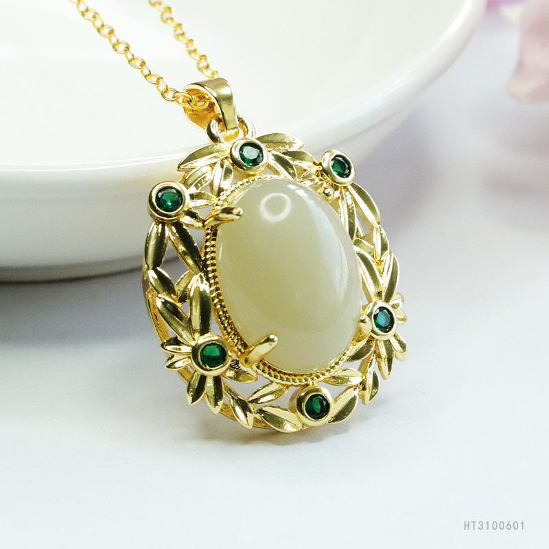 Hetian Jade Oval Green-Zircon Pendant — No Chain