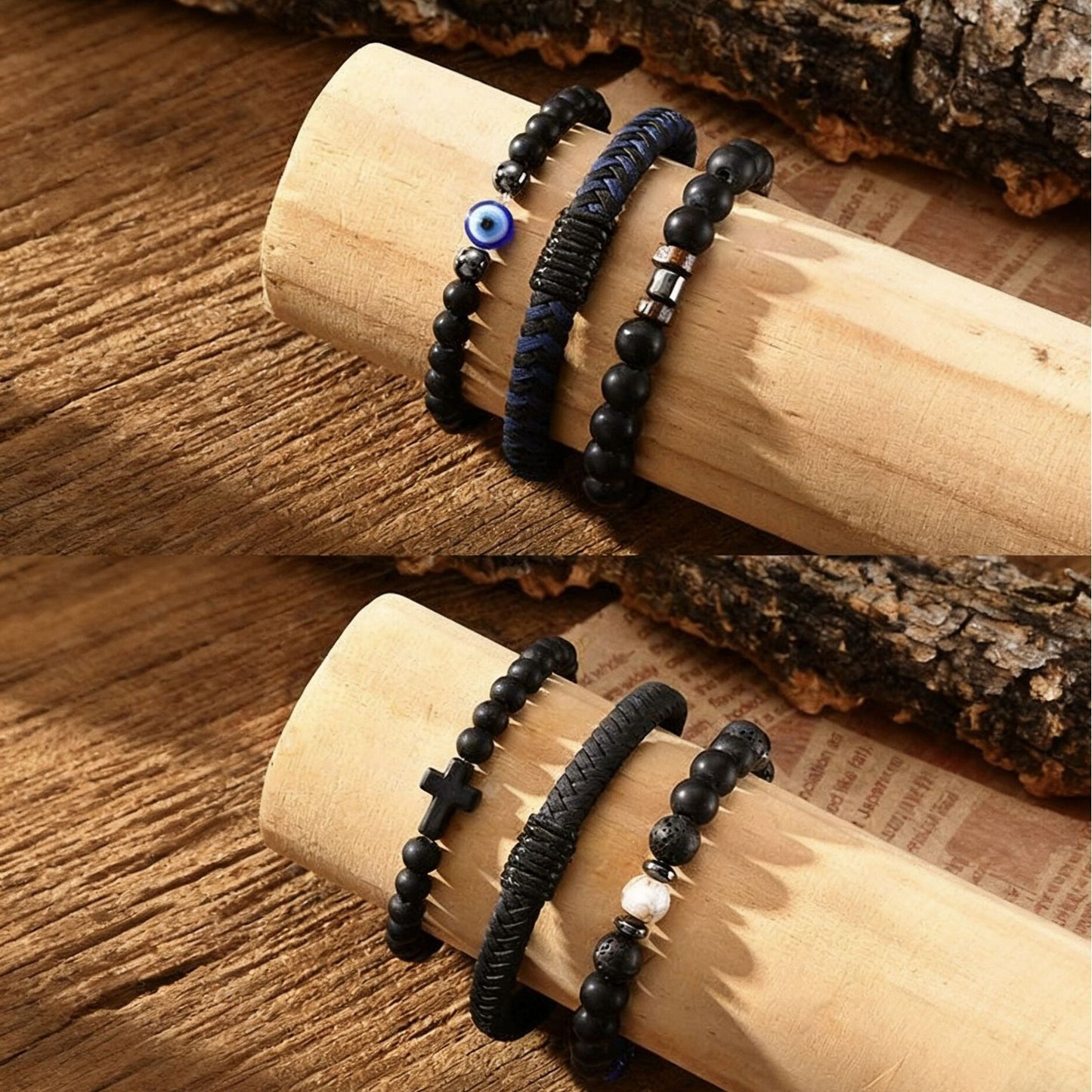 Planderful Devil Eye Black Agate Beaded PU Skin Bracelet Men