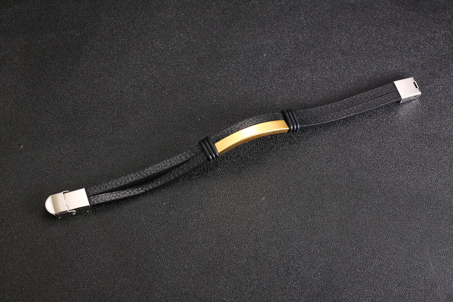 AliExpress Amazon Hot-Selling Black Stainless Steel Men's Bracelet Double Leather Bracelet Spot for Men