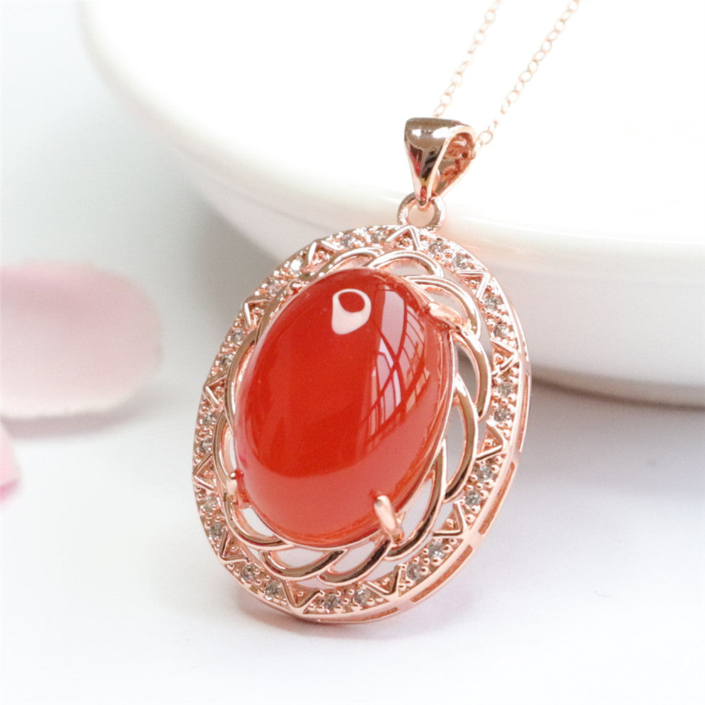 Pigeon Egg Natural Red Agate Pendant Zircon Rose Gold Clavicle Necklace Jewelry