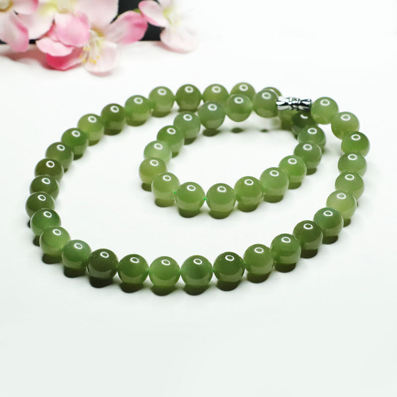 Natural Hotan Jade Necklace Lake Green Beads String Jade Jewelry