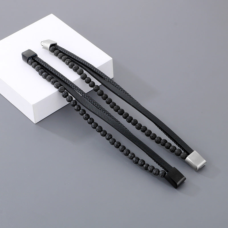 Planderful Men Beaded Leather Stainless Steel Bracelet