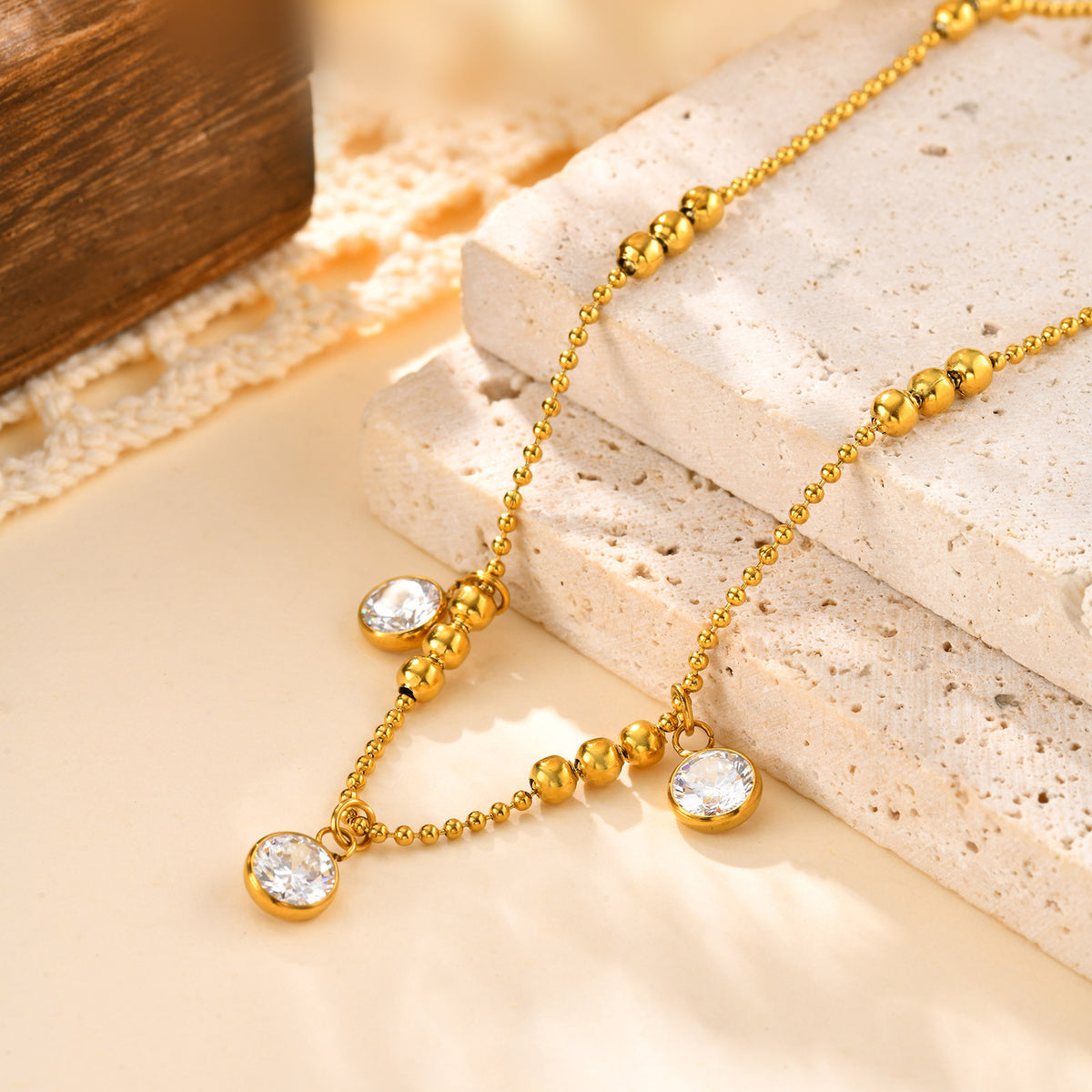 Wind Lady Collarbone Chain – Stainless Steel Bead Chain 3 Zircon Necklace