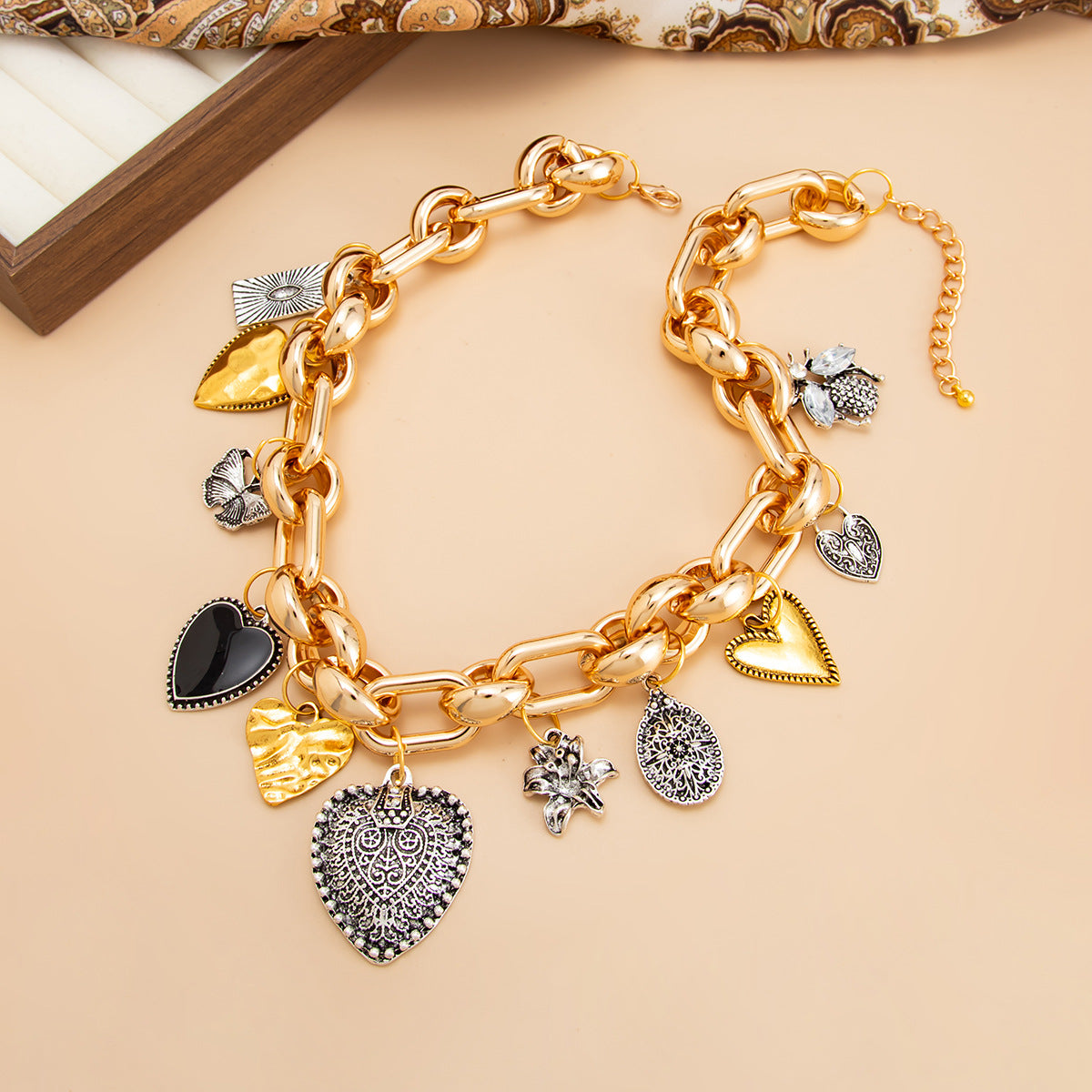 Mixed-Color Flower, Heart & Butterfly Necklace