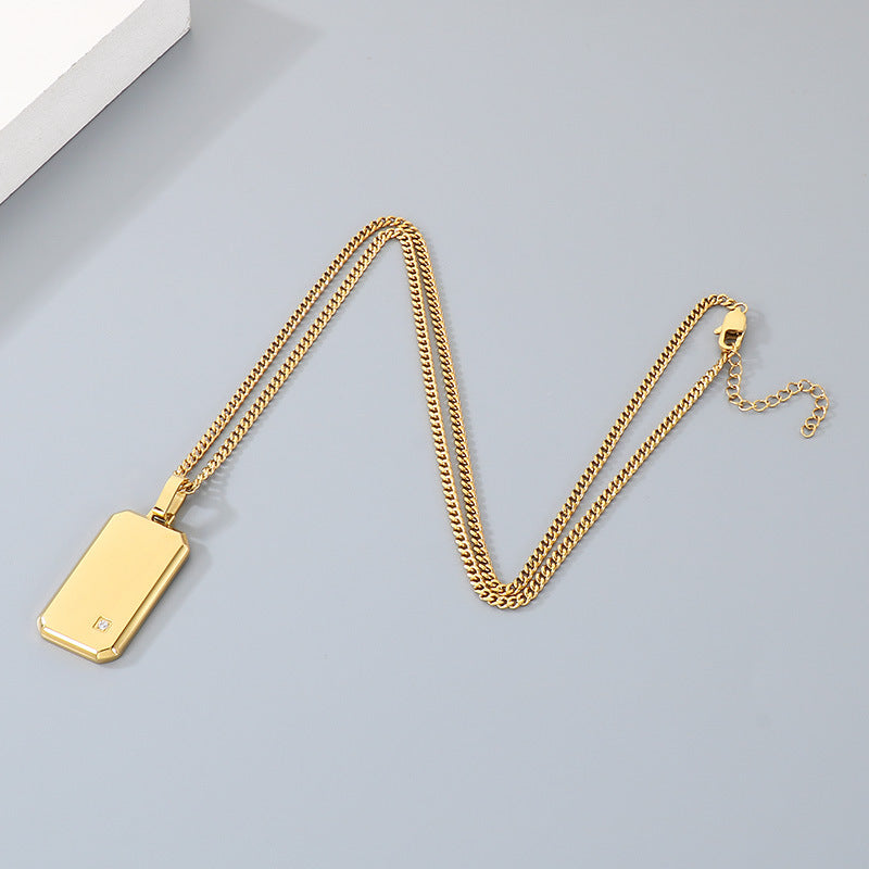 Minimalist Geometric Square Men's Zircon Necklace, Niche Stainless Steel Military Pendant