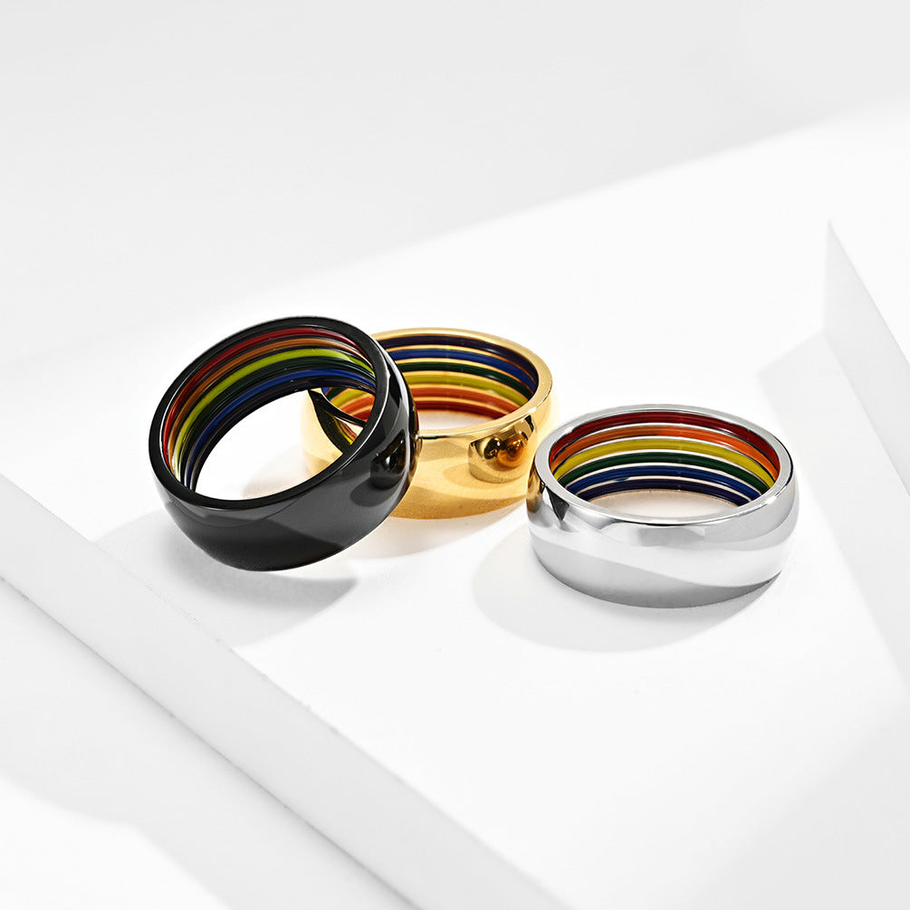 Rainbow Element Striped Titanium Steel Ring for Men
