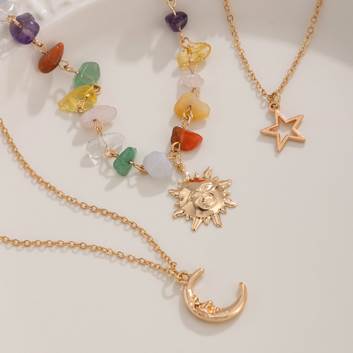Mint Mambo Wind Vacation Wind Irregular Gravel Necklace Moon Sun Pendant Stacked