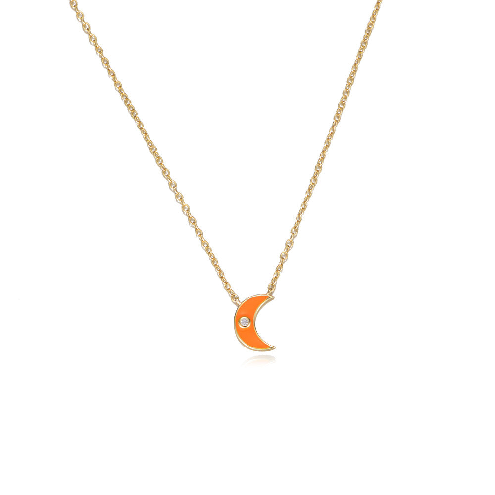 S925 Sterling Silver Women Inlaid Zircon Cold Wind Necklace Epoxy Moon