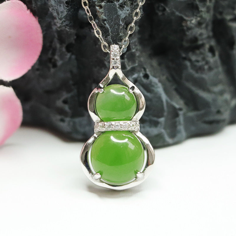 Hotan Jade and Russian Jasper Gourd Necklace with Sterling Silver Inlay