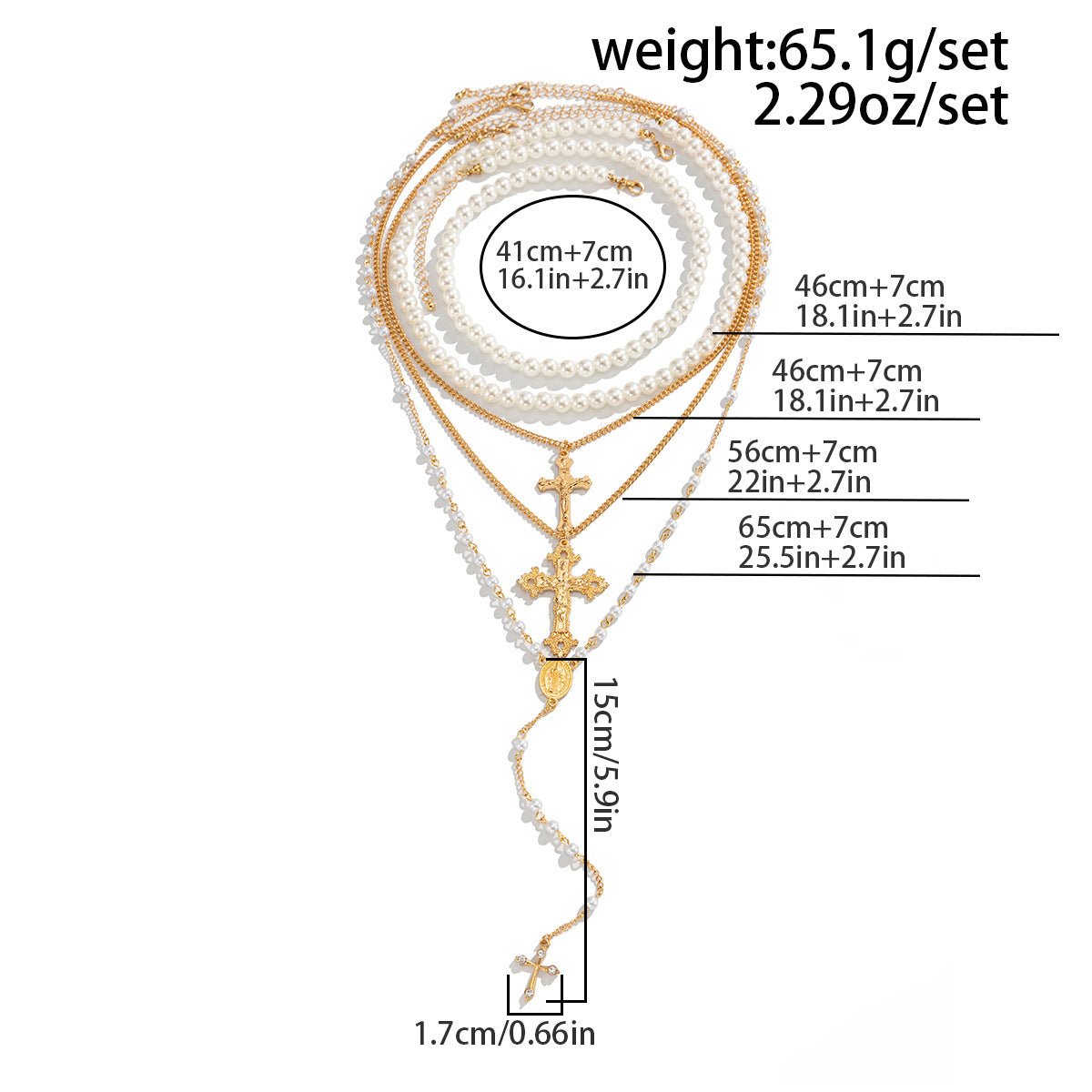 French Stacked Portrait Imitation Pearl Necklace Ethnic Exaggerated Cross Pendant