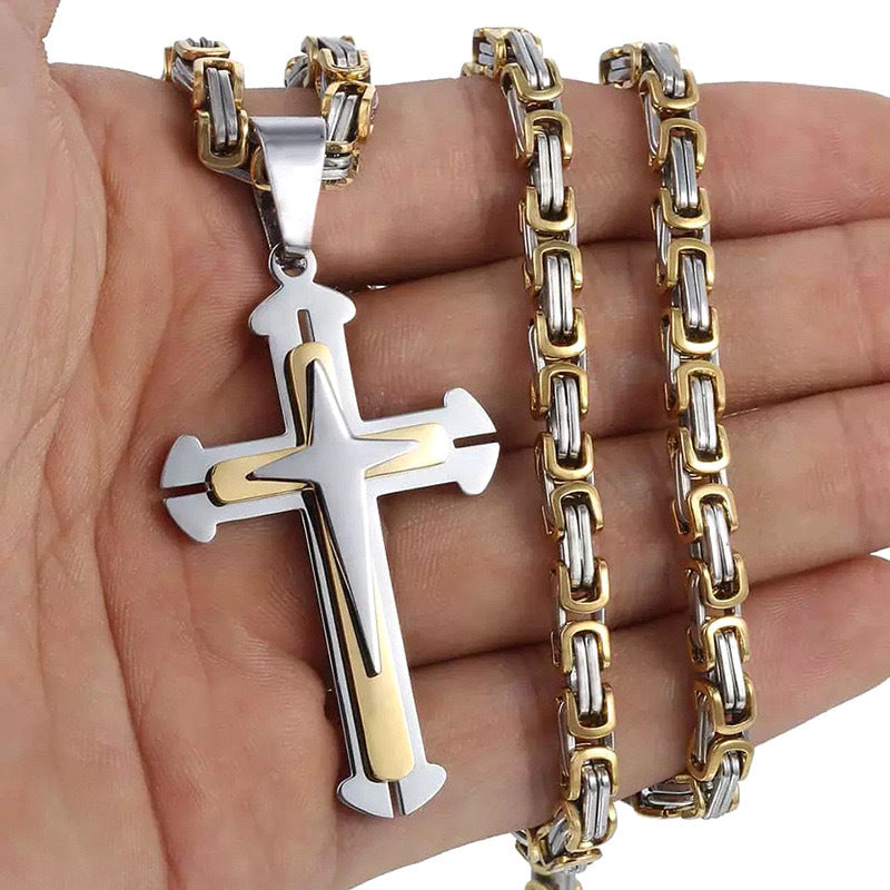Planderful Everyday Genie Three Layer Cross Necklace Stainless Steel Chain Trendy Mens Fashion Jewelry