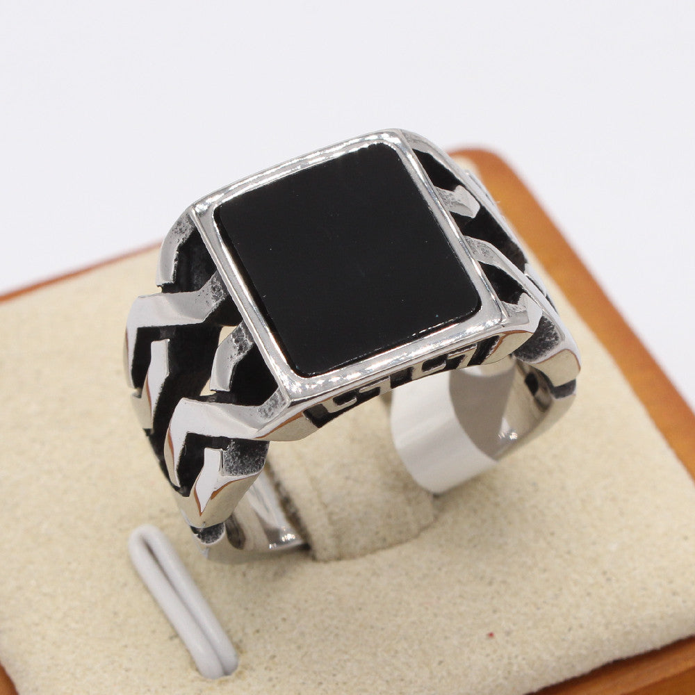 Planderful Titanium Steel Ring Unisex Retro Square Stone Design For Men And Women Bold Statement Jewelry