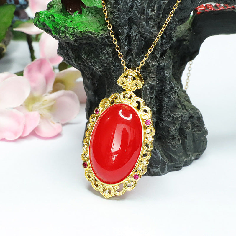 Ice Blood Oval Red Agate Pendant