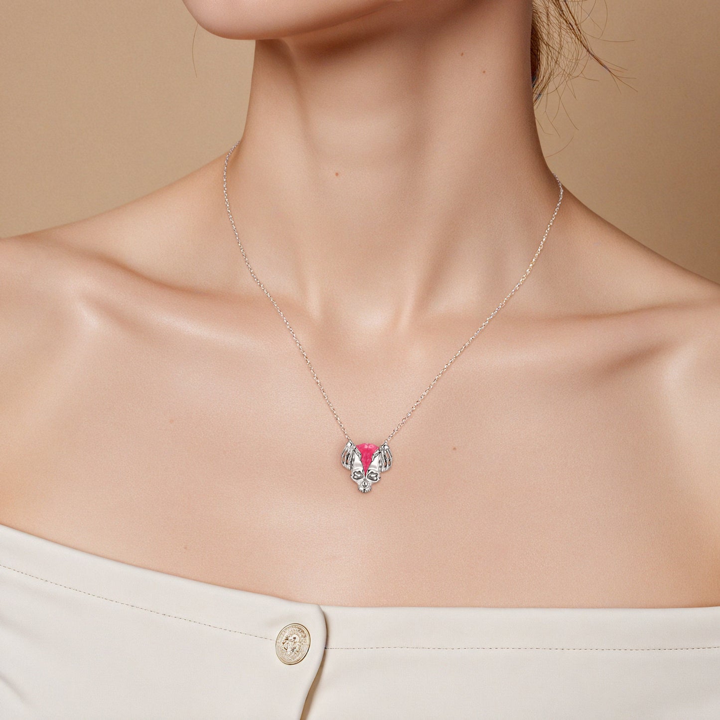 Planderful Jewelry Skull Pendant Necklace In Sterling Silver With Pink Epoxy Detailing