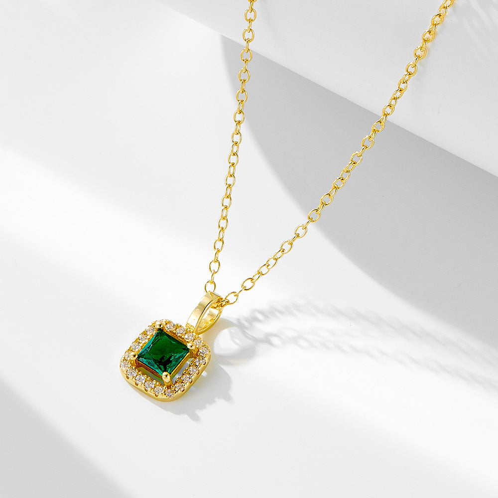 S925 Sterling Silver Square Emerald Zircon Pendant Necklace Retro Style
