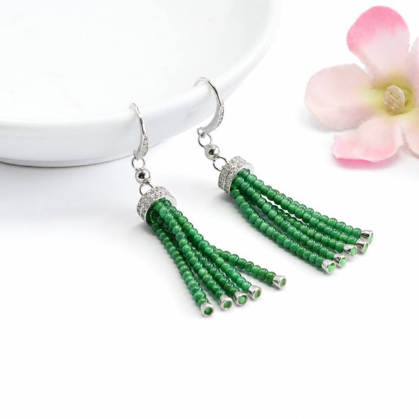 Jadeite Tassel 925 Silver Drop Earrings