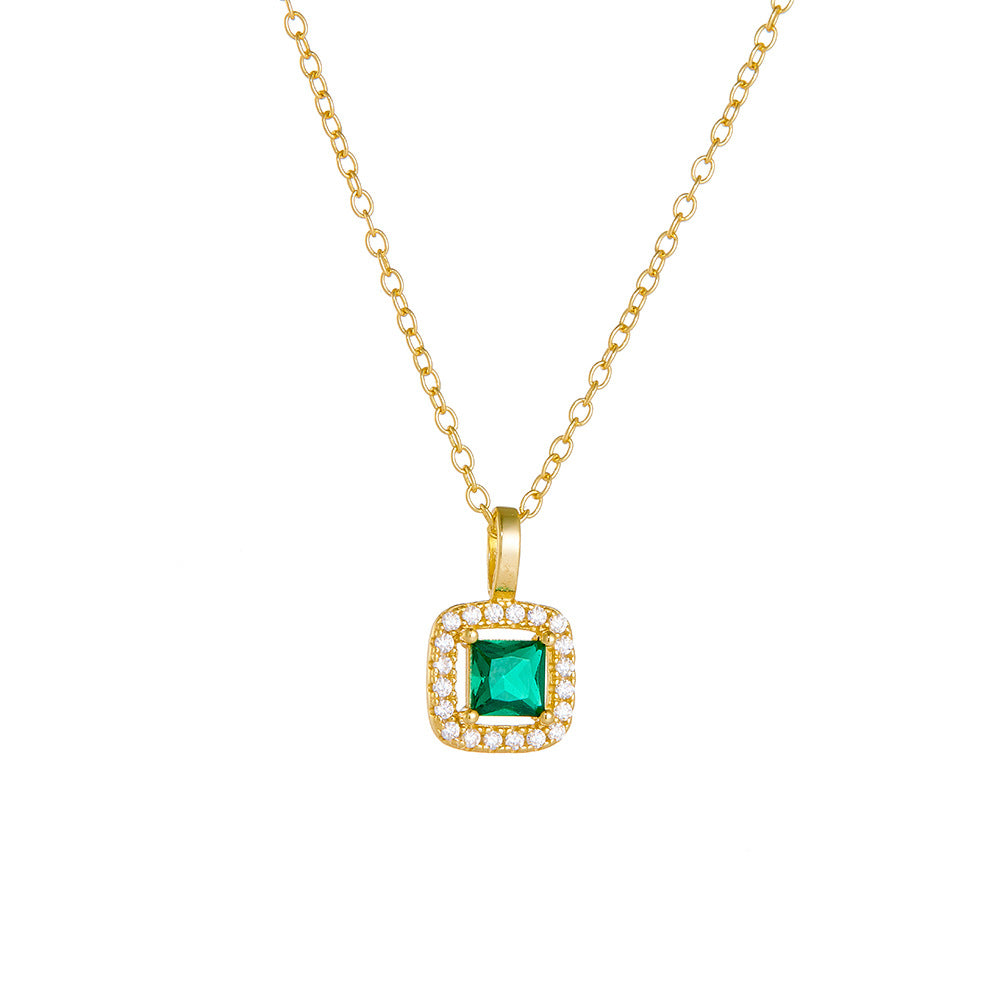 S925 Sterling Silver Square Emerald Zircon Pendant Necklace Retro Style