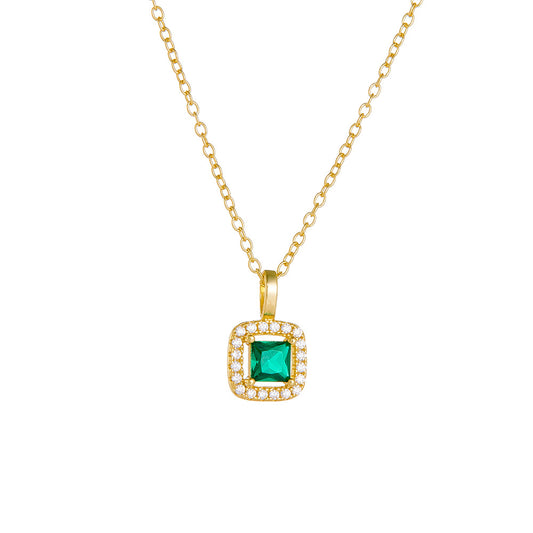 S925 Sterling Silver Square Emerald Zircon Pendant Necklace Retro Style