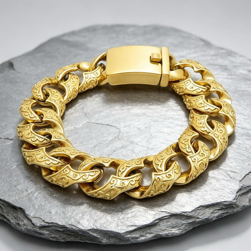 Punk National Style Men's Bracelet Double-Sided Tang Grass Pattern Thick Cuban Chain