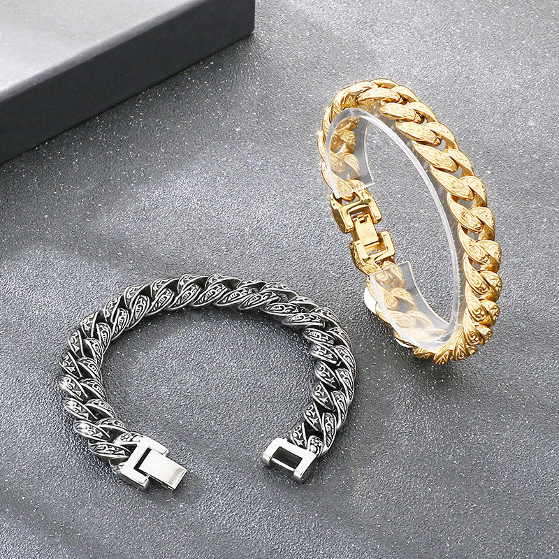 Cast Pattern – Punk Style 13mm Tang Grass Pattern Cuban Chain Titanium Steel Men's Bracelet