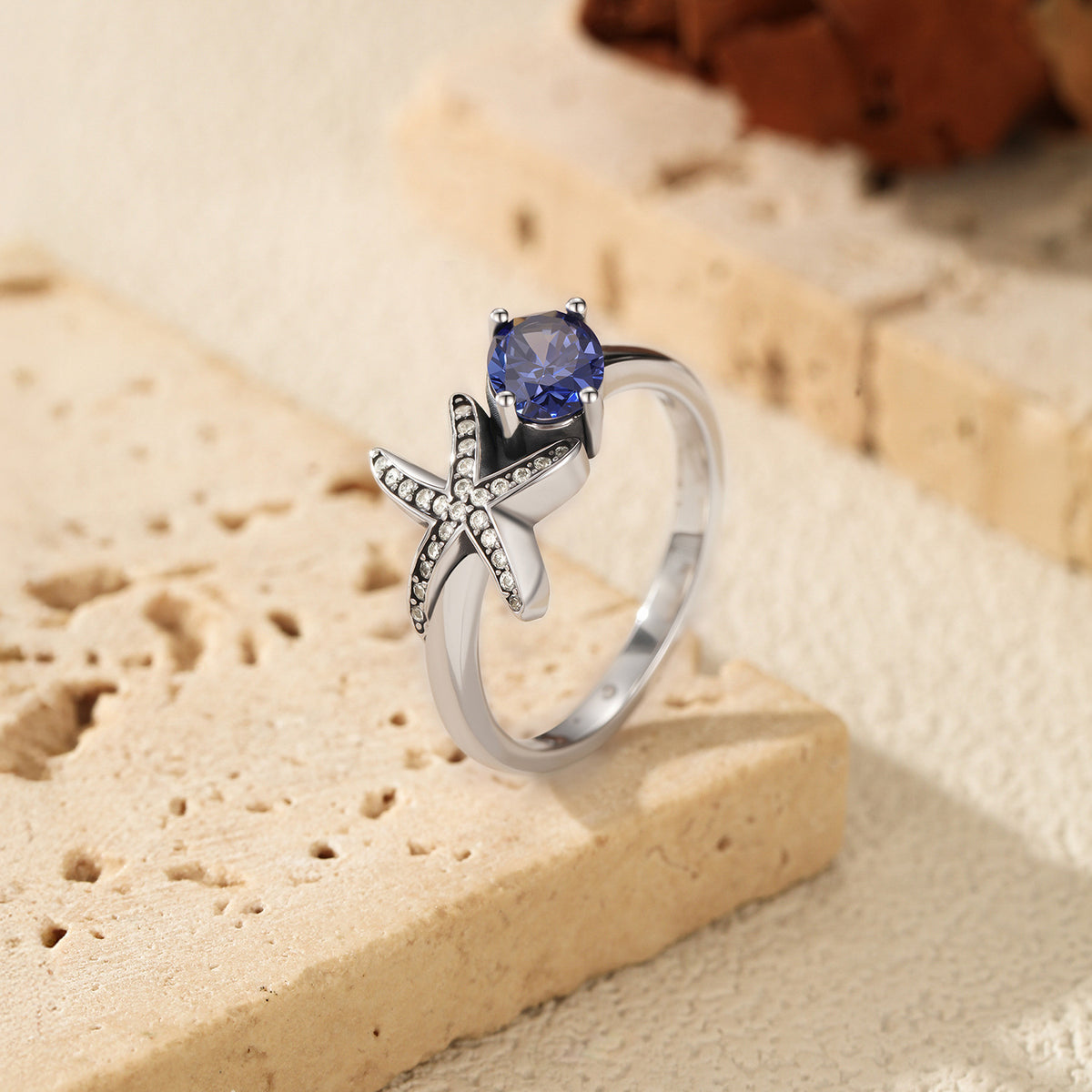 925 Sterling Silver Starfish Star Tanzanite-Color Zircon Ring