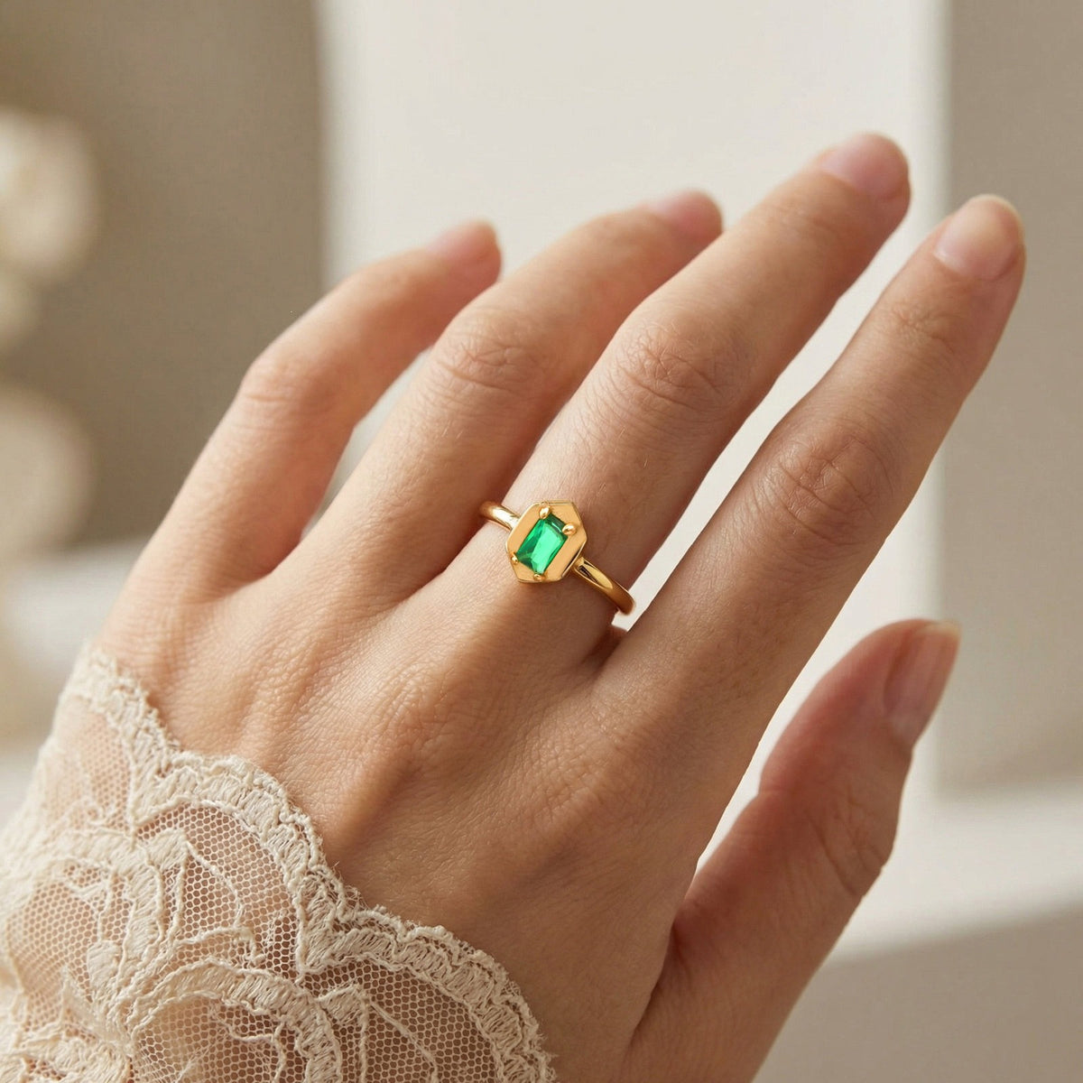 Small Plain Ring Women's Square Stainless Steel Hexagonal Green Zircon Geometric