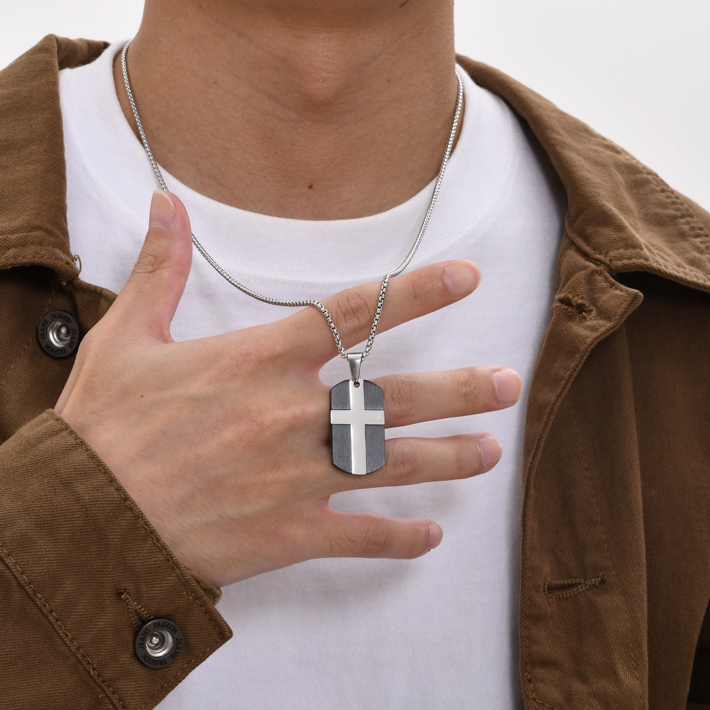 Men's Stainless Steel Cross Sand Dog Tag Pendant Necklace