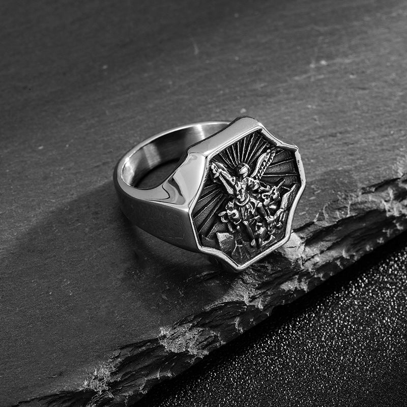 Planderful Saint Michael Ring For Men Titanium Steel Archangel Design Durable Everyday Genie