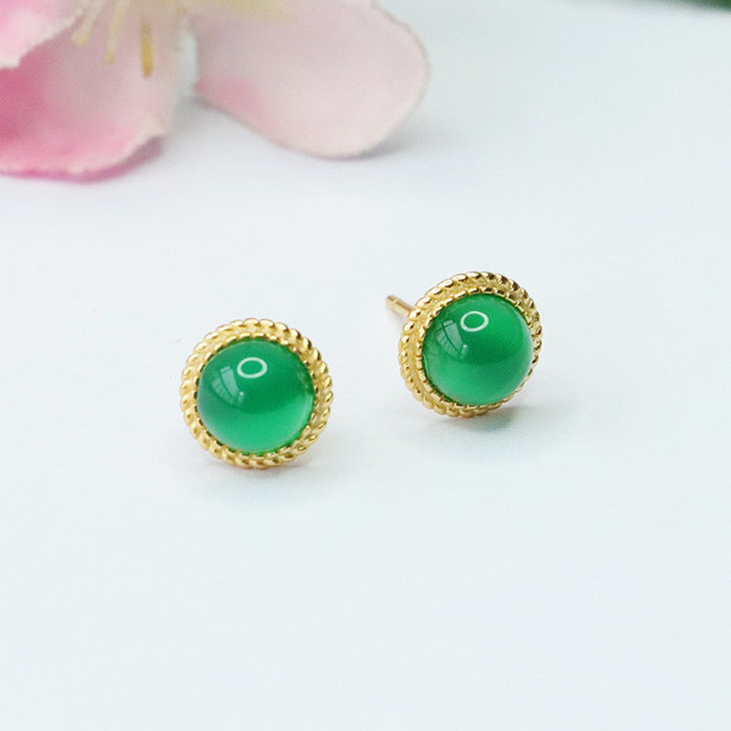 Elegant S925 Silver Stud Earrings with Natural Green and Red Agate