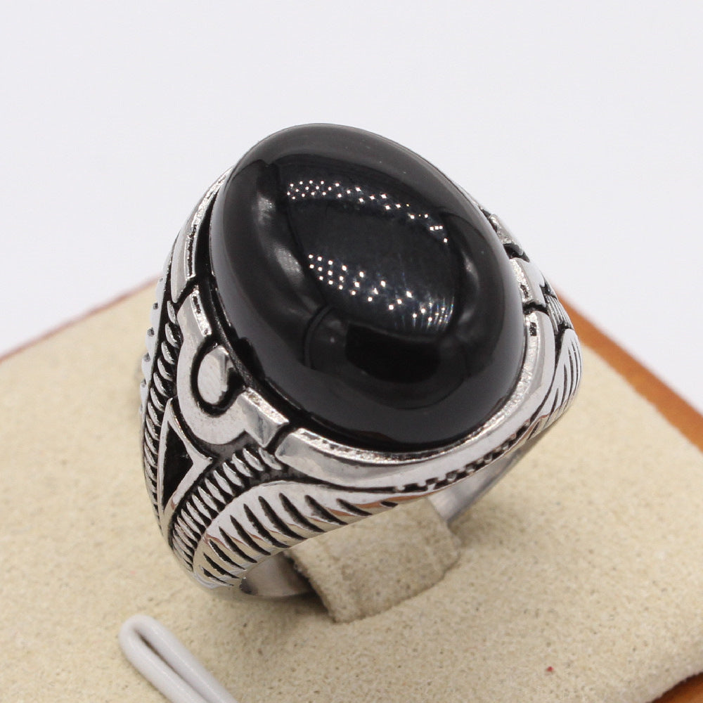 Planderful Titanium Steel Ring Unisex Oval Black Stone