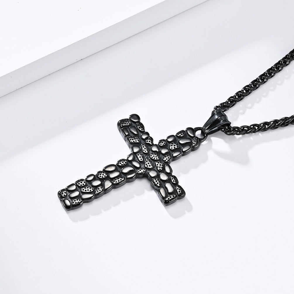 Cross-Border Retro Pebble Stainless Steel Cross Necklace Men