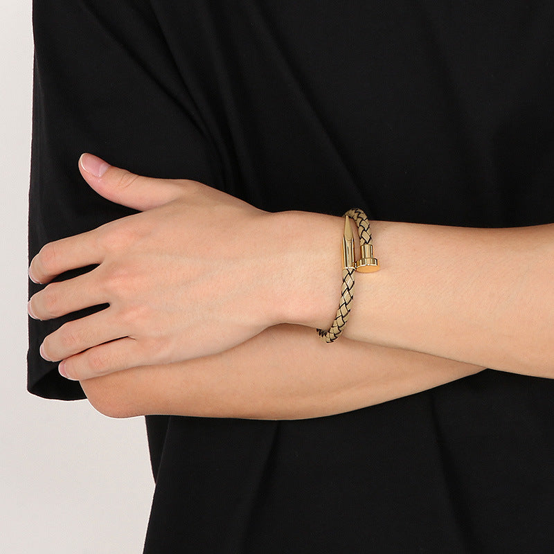 Cowhide Woven Stainless Steel Nail Bracelet – Men's Magnetic Buckle Leather Bracelet