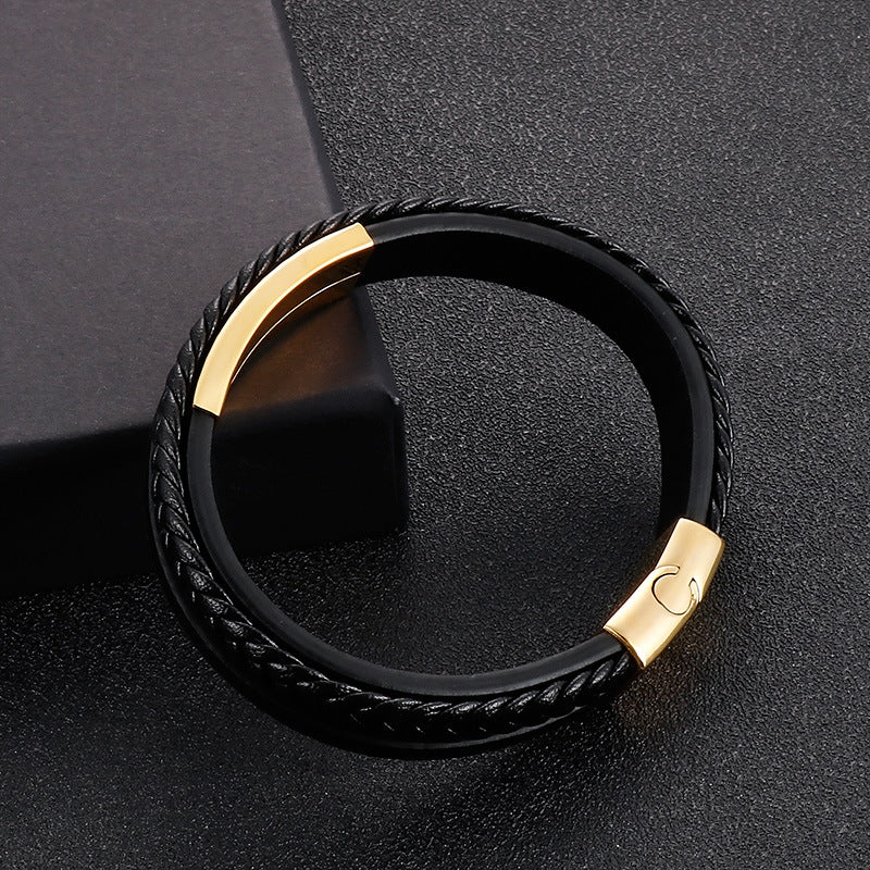 Planderful Everyday Genie Mens Leather Steel Curved Bracelet