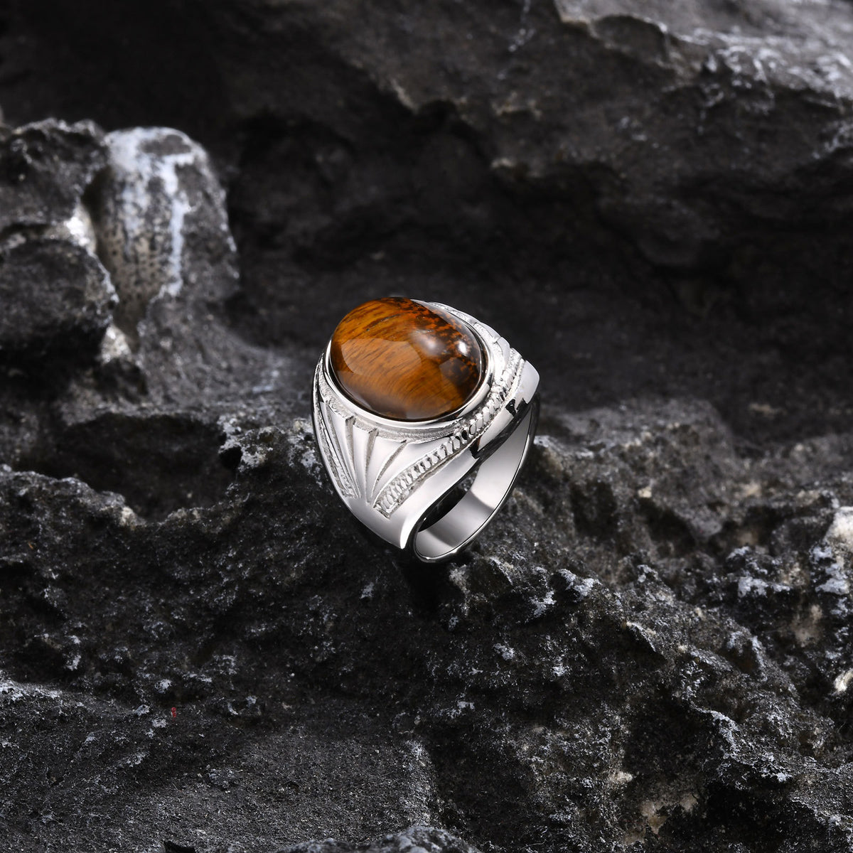 Stainless Steel Natural Tiger's Eye Oval Ring Men's Steel Color